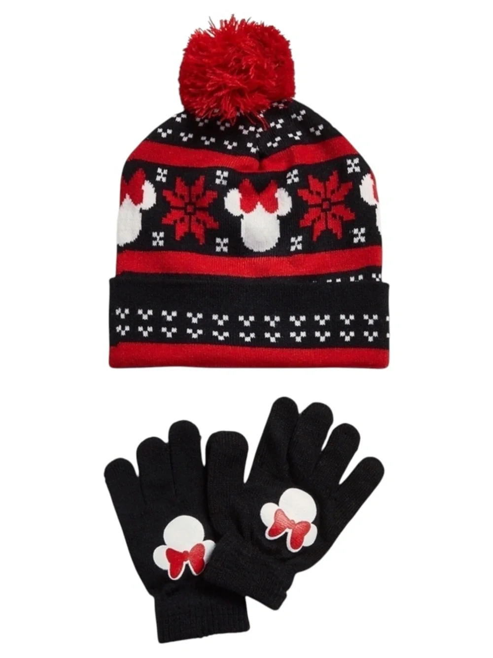 Disney Girls 2-Piece Minnie Mouse Fair Isle Knit Hat Gloves Set Red/Black 4-6X